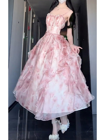 A line Spaghetti Straps Pink Floral Holiday Dress Birthday Dresses Birthday Outfits SD1309